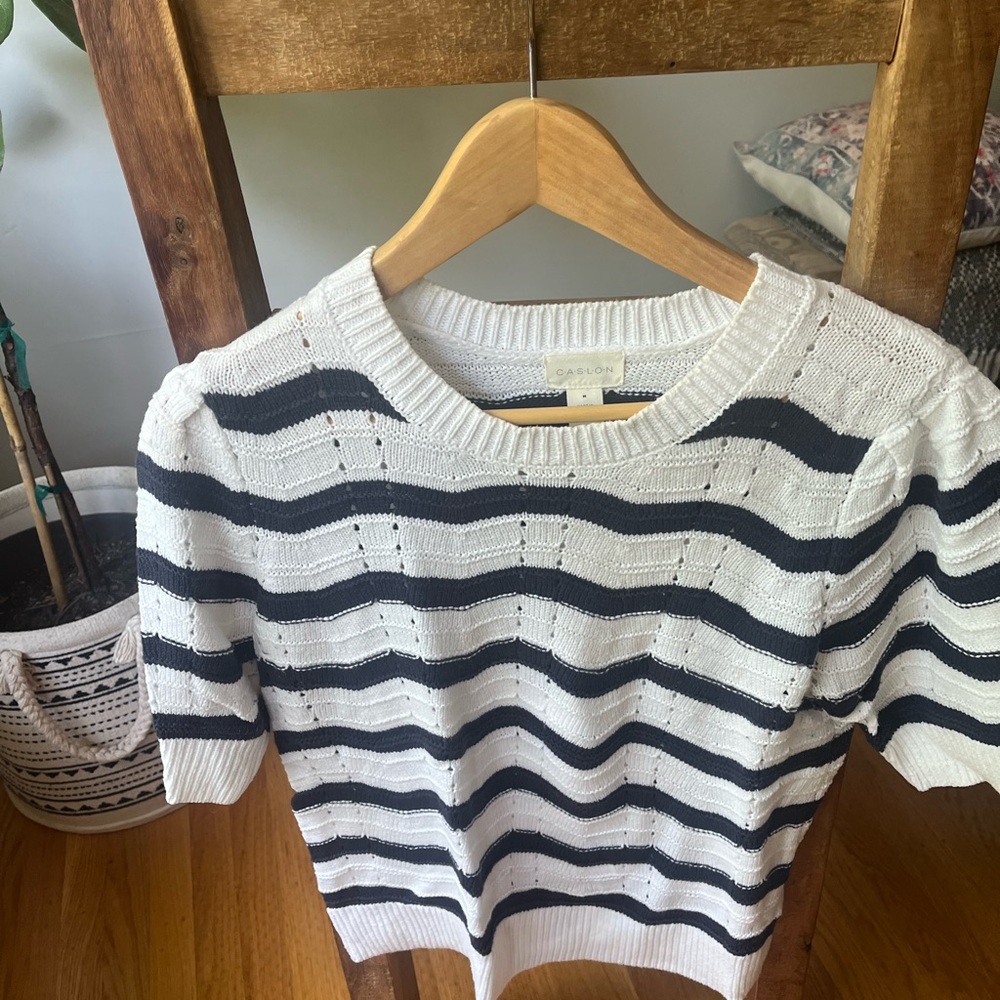Caslon Women's Blue White Striped Puff Sleeve Sweater Top Short Sleeve Size M